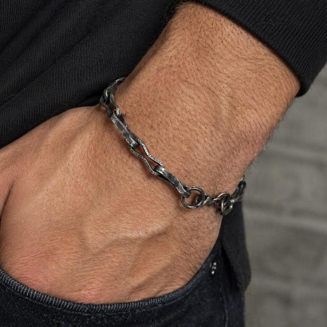 Handmade Oxidized Sterling Silver Link Bracelet, Rustic Men’s Jewelry