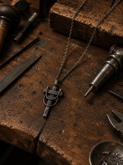 Sterling Silver Power Line Post Pendant Necklace for Men, Rustic Oxidized UJewelry