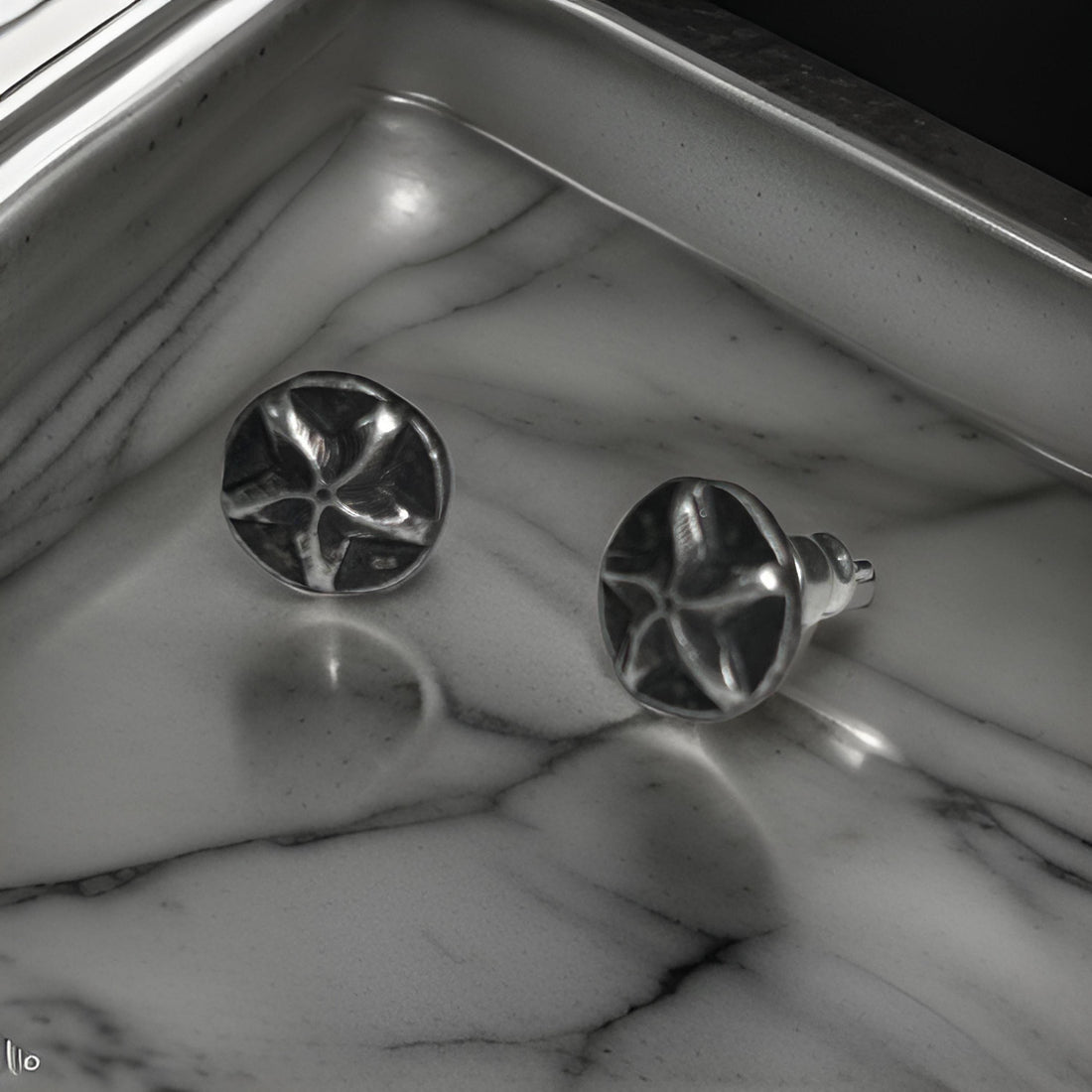 Silver starburst oxidized earrings for men featuring bold, intricate design with a polished finish, by JJewelryArt.