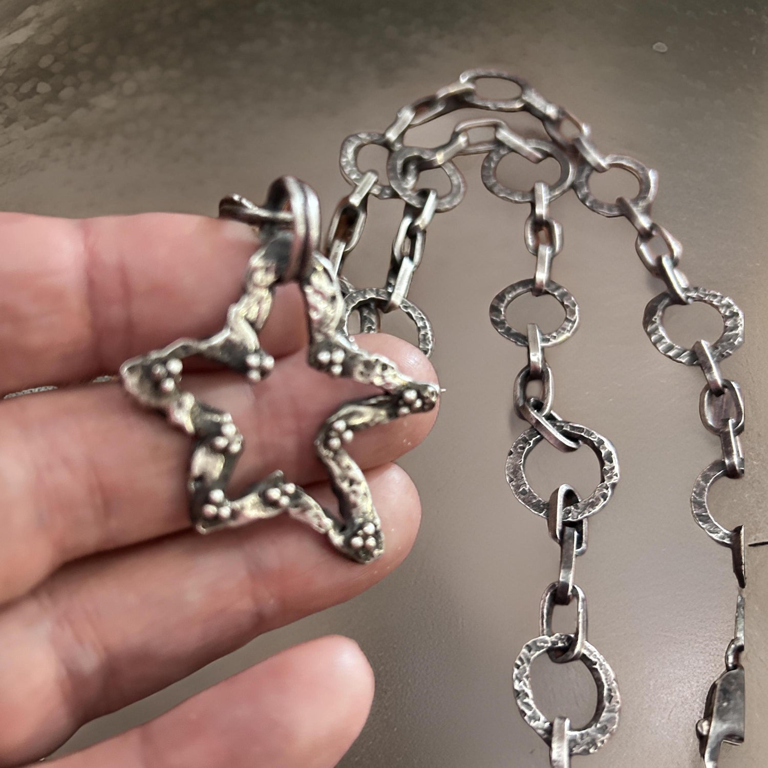 Artisan Star Necklace – Handmade 925 Sterling Pendant – Oxidized Statement Chain - Rustic silver chain