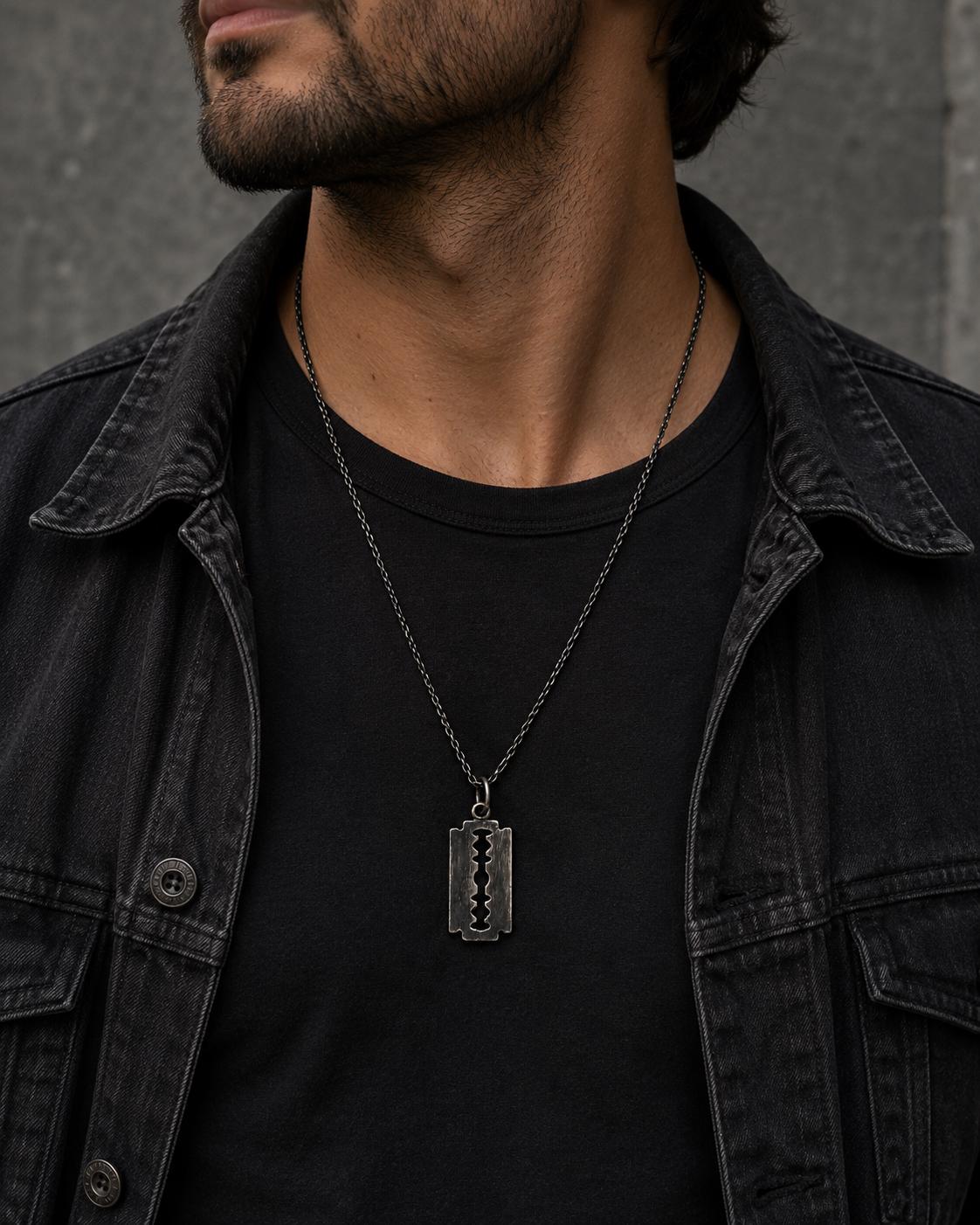 Handmade Sterling Silver Razor Blade Necklace, Oxidized Gothic Pendant, Edgy Unisex Jewelry