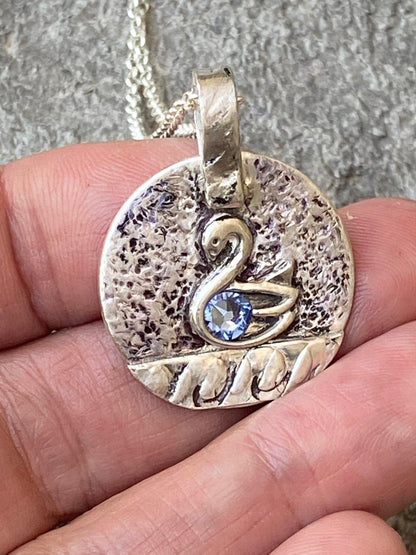 Swan Pendant with Blue Crystal Accent Handcrafted Artisan Jewelry