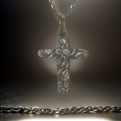 Rustic Flower Cross Necklace - Silver Pendant | JJewelryArt