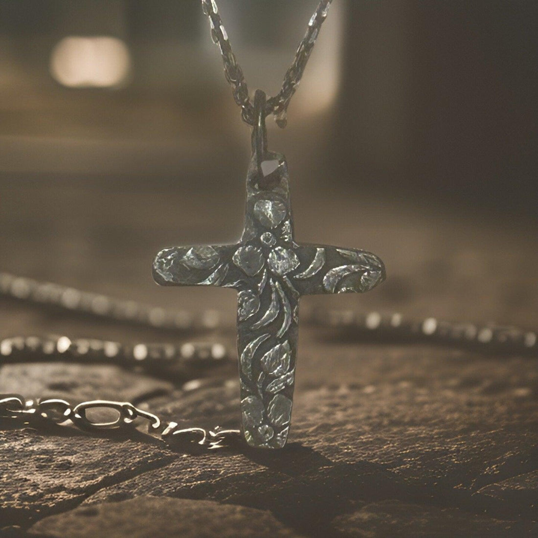 Rustic Flower Cross Necklace - Silver Pendant | JJewelryArt