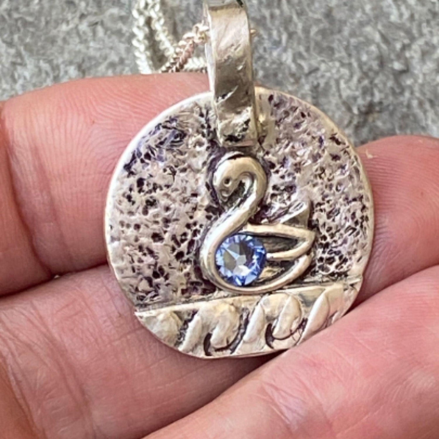 Swan Pendant with Blue Crystal Accent Handcrafted Artisan Jewelry