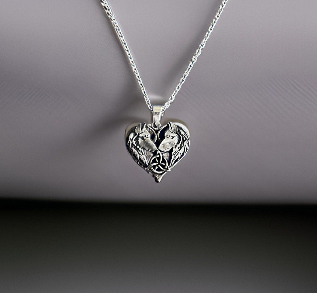 Silver Wolf Necklace - Celtic Accent Heart Pendant | JJewelryArt