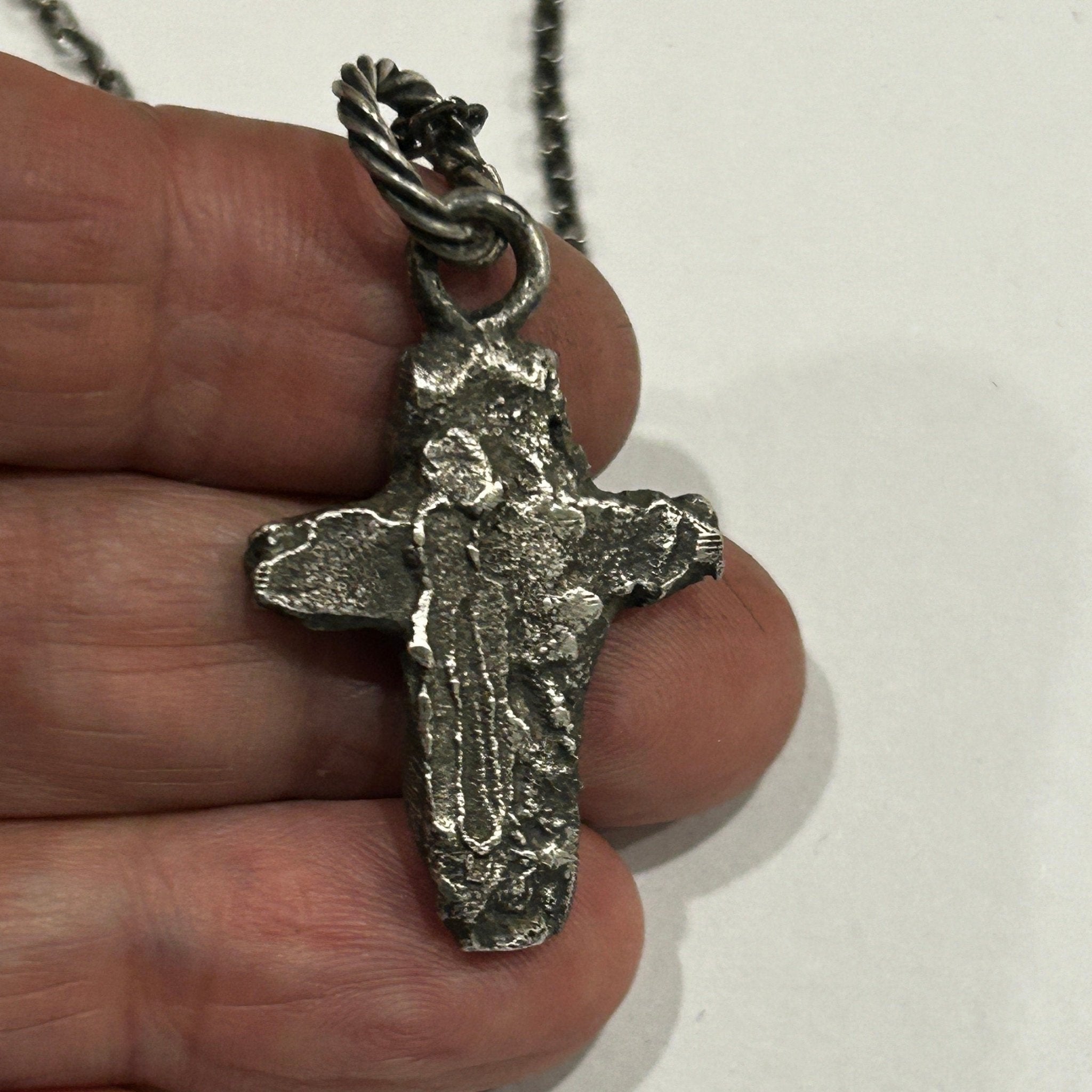 Sterling Silver Cross Pendant - Rustic Textured Design Oxidized Finish