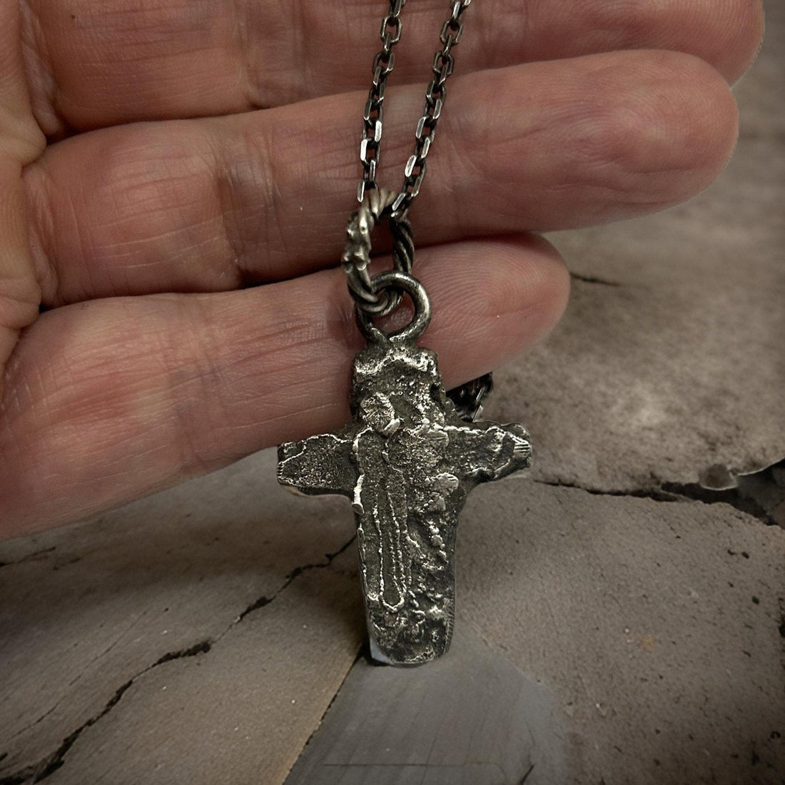 Sterling Silver Cross Pendant - Rustic Textured Design Oxidized Finish