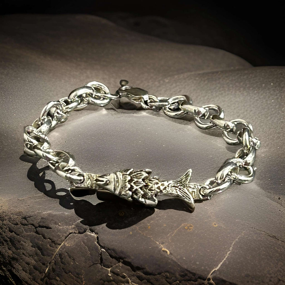 Handmade Sterling Silver Fish Bracelet - Unique 8” Lightweight Chain Jewelry