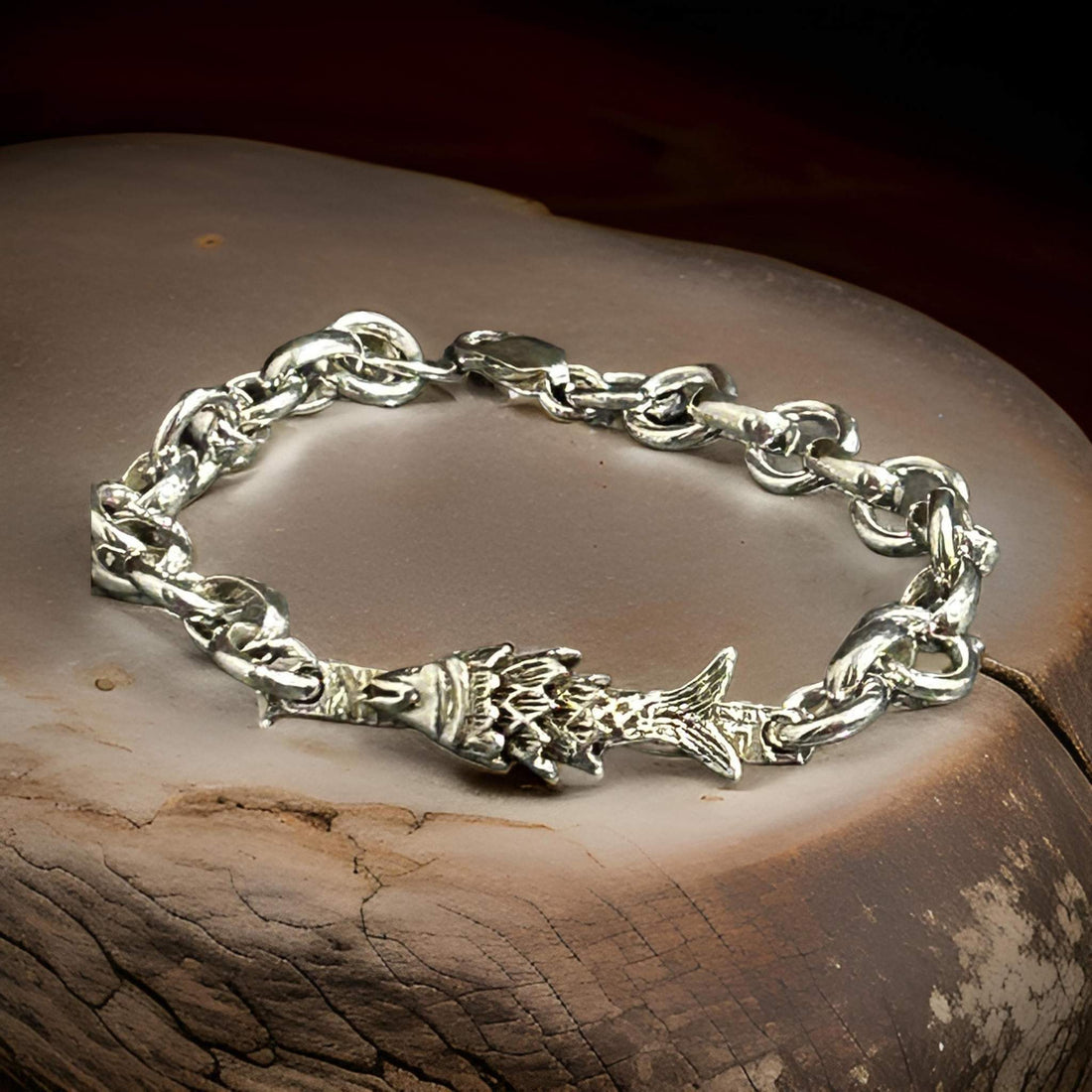 Handmade Sterling Silver Fish Bracelet - Unique 8” Lightweight Chain Jewelry