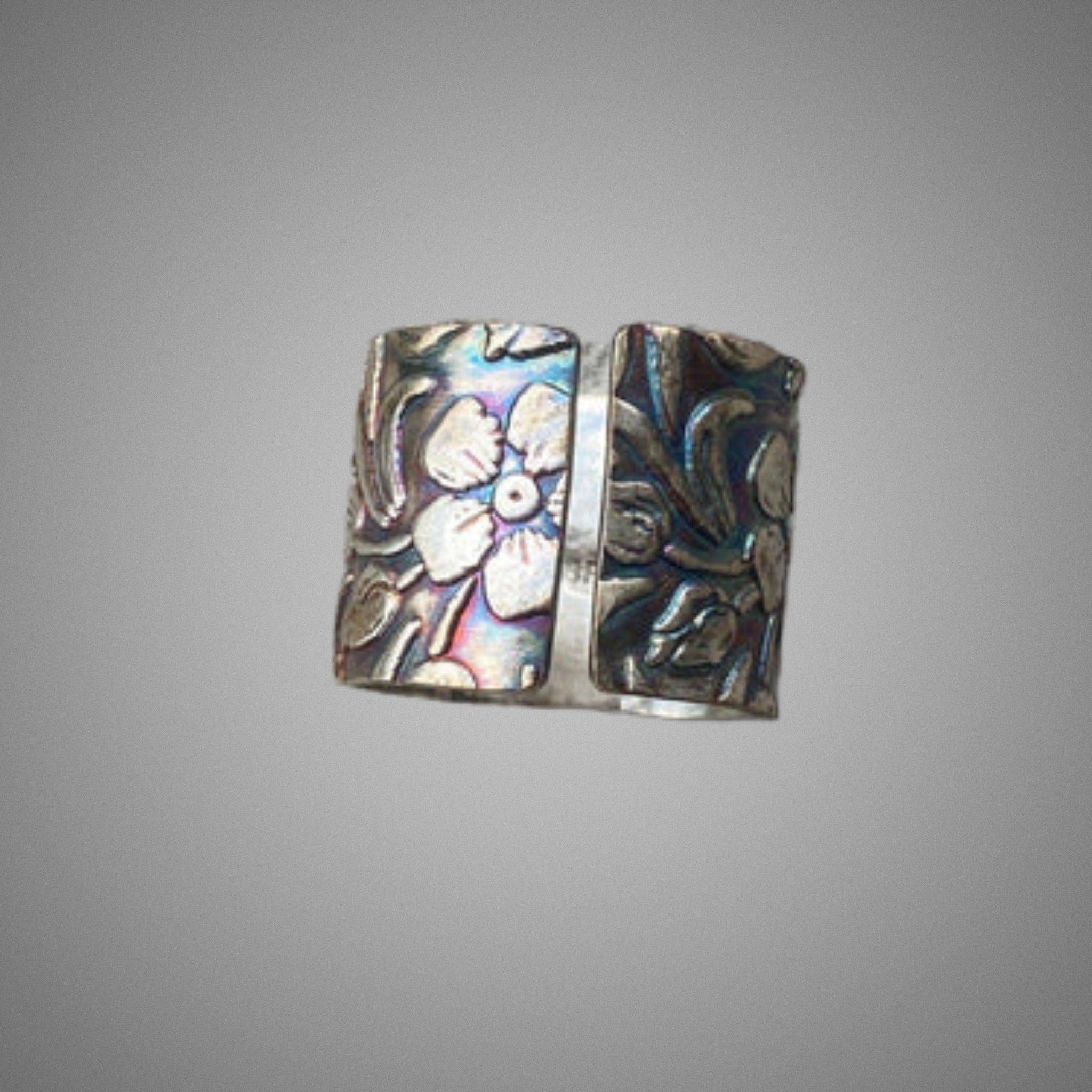 Wide Band Ring, Flower Design ring - JJewelryArt